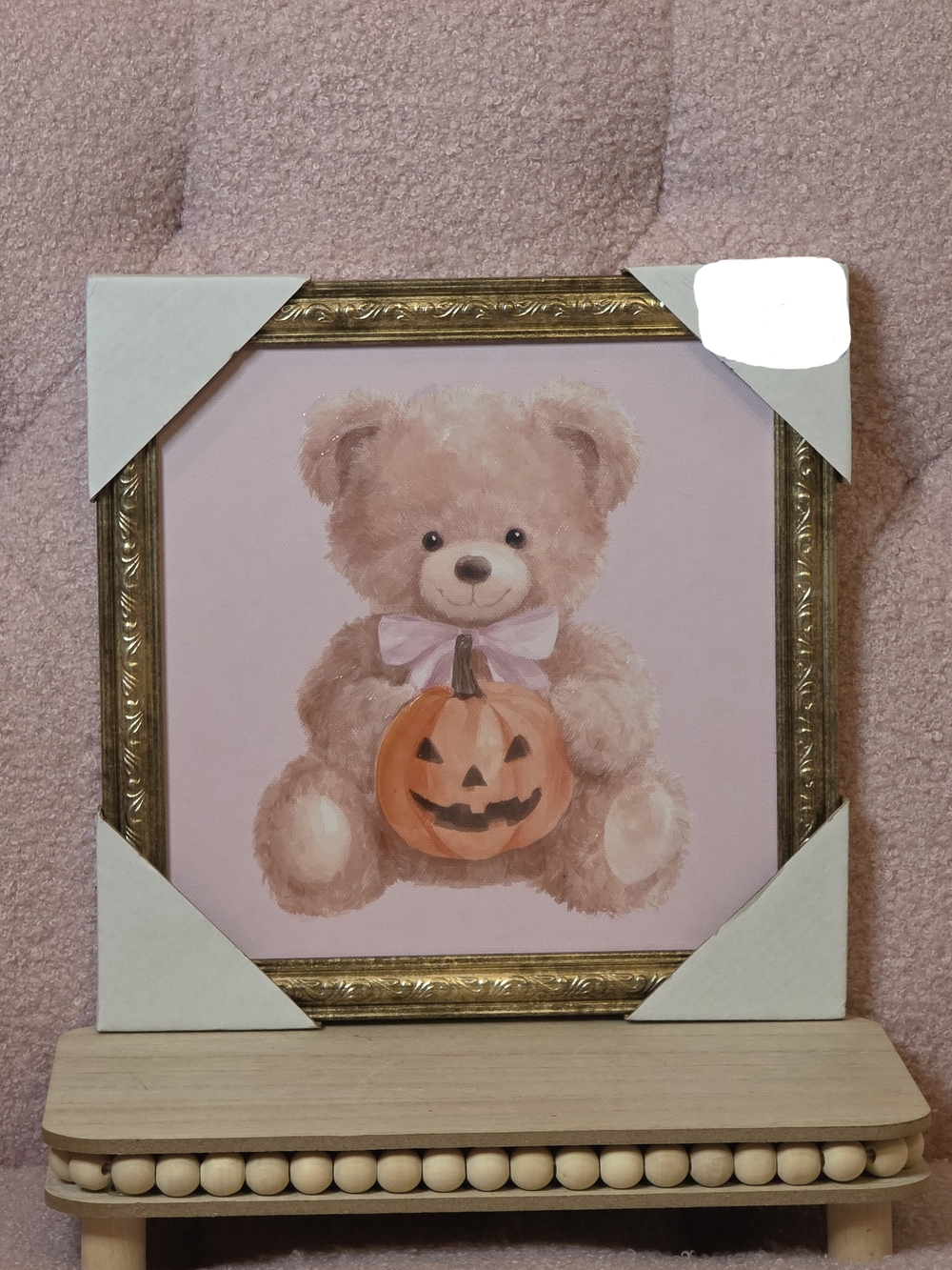 Halloween Gold Framed Teddy Bear w/ Jack-o-lantern On Pink Canvas